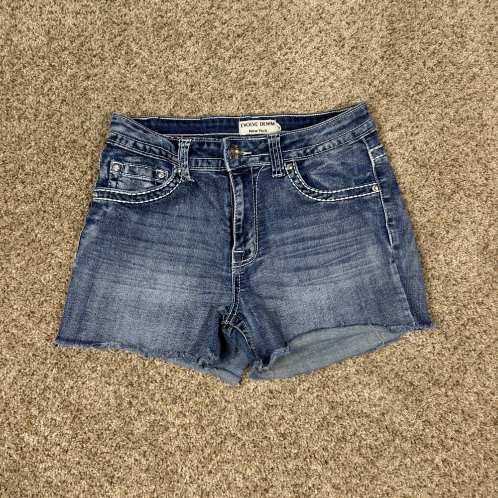 Evolve Denim New York Womens Cut Off Jean Shorts Blue Embellished Pocket Size 9